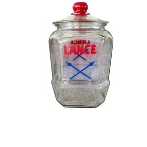 Vintage Lance Glass Cracker Cookie Jar Hexagonal Red Logo Blue Arrows Lid 12.5in